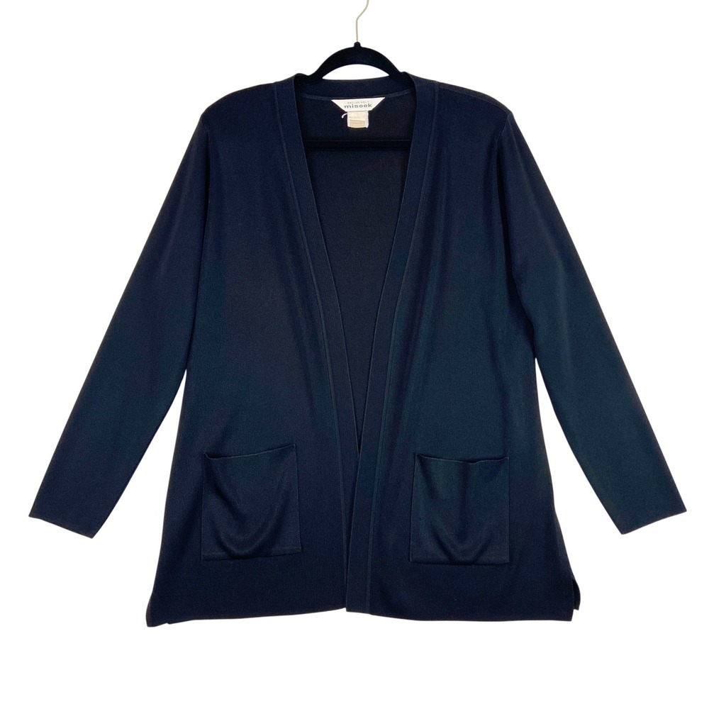 Misook Black Knit Open Front Cardigan Jacket Large Long Sleeve Pockets Knit